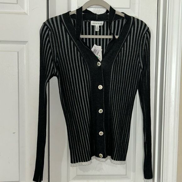 Rio & Rian Black & White Rib Cardigan(Size Large) - Picture 2 of 6